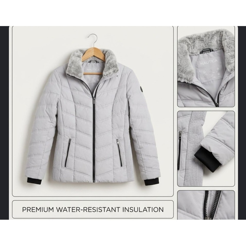 Nautica Womens Gray Water Resistant Puffer Jacket Faux Fur Collar Size Medium